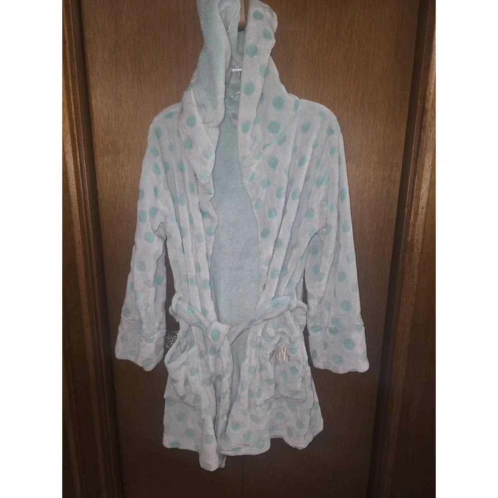PINK Victoria Secret Green Polka Dot Soft Plush Bath‎ Dressing Robe Women's Sz M
